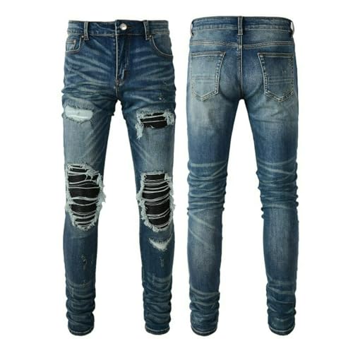 Jeans Pants Trouser Denim Men Stretch Slim Fit Street Trendy Wear Worn Hole Blue Grinding Fading Wrinkle Patch Personalized Casual Small Foot Casual(Blue,31)3