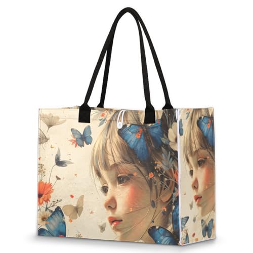 Maiden Flower Butterfly Tote Bag for Women Large Beach Bag Reusable Tote Bags for Work Travel Beach Shopping
