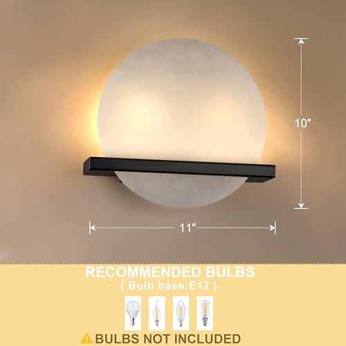 Image of 2 Pack 2 Light 10 inch Round Natural Alabaster Bathroom Wall Sconce Modern Concise Style Wall Light Fixture,Black Finish for Bedroom Hallway Bedside Living Room