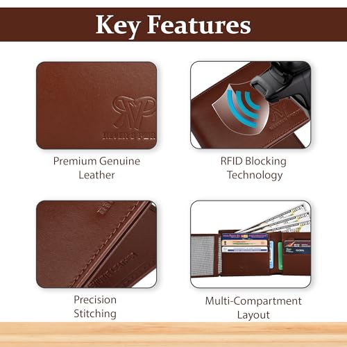 Image of Genuine Leather Wallet for Men Brown | RFID Blocking | Bi fold,Tri fold | Classic Slim,Stylish Mens Wallet with Multiple Card Slots,Coin Pocket & ID Window | Gift for Men
