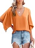 Samefar Womens Summer Tops V Neck T Shirts 3/4 Sleeve Tops Ruffle Chiffon Blouses Business Casual Tops for Women, Orange Medium