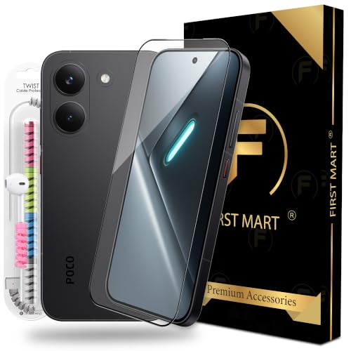 Image of FIRST MART Tempered Glass for Poco X8 Pro, 9H 0.3 mm Full-Glue Screen Protector with Cable Protector, 3D Edge-to-Edge, HD Clear, Case-Friendly, Black, Pack of 1