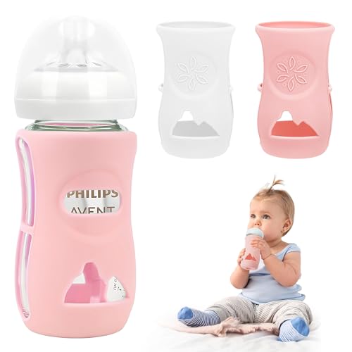 Image of 2 Pack Silicone Sleeves for Philips Avent Glass Natural Baby Bottle 8 oz, Food Grade Silicone, BPA Free Glass Baby Bootle Sleeve, Anti Breakage Baby Bottle Holder, Non-Scald, Dishwasher/Heaters Safe