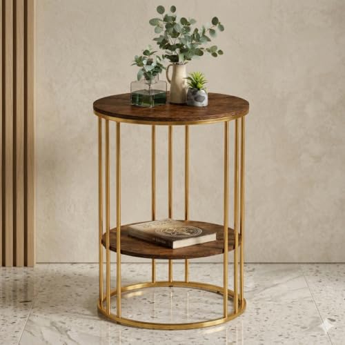 Image of Modern Double-Top Coffee Table with Rustic Farmhouse Accent, Multipurpose Living Room Bedroom, Two-Tier Small Sofa Side Bedside Table with Metal Frame Nightstand (Gold Brown Y)