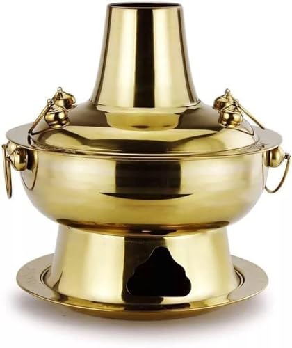 Chinese Copper Hot Pot, Chinese Style Beijing Charcoal Imitation Copper Hot Pot, Stainless Steel Shabu Cooker With Chimney Design for 3-7 People, for Family Gathering,Gold,36cm