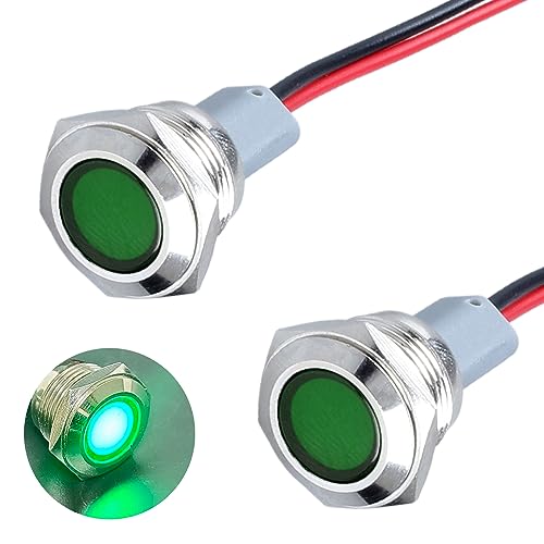 DMWD 2PCS 16mm (5/8") LED Indicator Light, 110-220VAC 20mA Energy Saving Metal Waterproof IP67 Single lamp LED Pilot Lamp Flat Head with 20cm/7.87in. Wire for Car Truck Boat(Green LED)