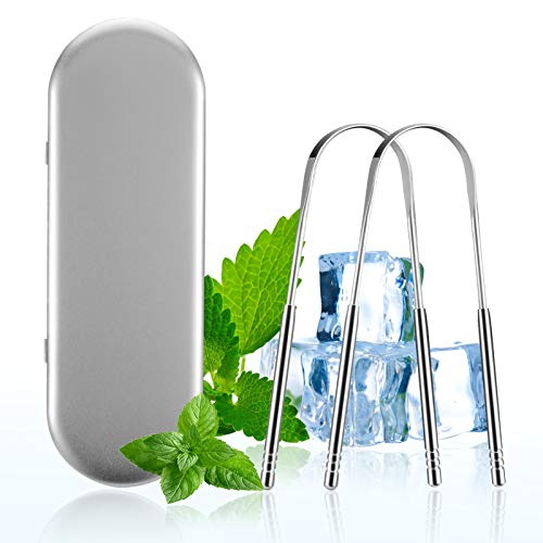 Tongue Scraper Cleaner for Adults & Kids, Tongue Scraper for Reduce Bad Breath, Medical Grade Stainless Steel Metal Tongue Cleaner Brush, Improving Oral Hygiene, 2 Pack with Travel Case