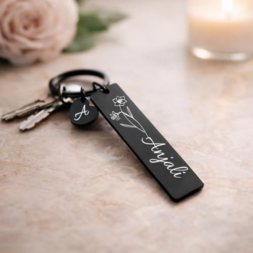 Image of Personalized Double-Sided Stainless Steel Keychain, Custom Name and Birth Flower Engraving, Initial Charm, Silver
