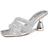 OHXZTX Women's Rhinestone Square Heeled Sandals Slip On Peep Toe Chunky Block Kitten High Heels Mule