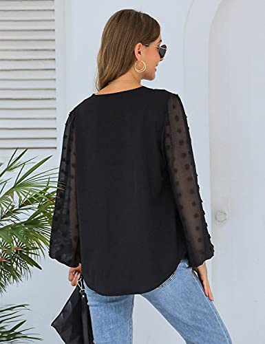 Blooming Jelly Womens Black Blouse V Neck Lantern Sleeve Chiffon Swiss Dot Business Casual Tops Shirts(Small,Black) #TOP2