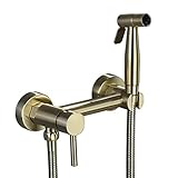 XHALERY Bidet Spray Set, Brass Brushed Gold Bidet hot and Cold Water Set Toilet Spray Gun Ass Flusher Nozzle Set, Hand Blender Valve Jet Pres Set Shower Head with Pressure,A