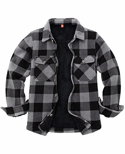 ThCreasa Black Flannel for Boys Kids Winter Sherpa Fleece Lined Buffalo Plaid Girls Flannel Shirt Jacket Grey XL 14-16