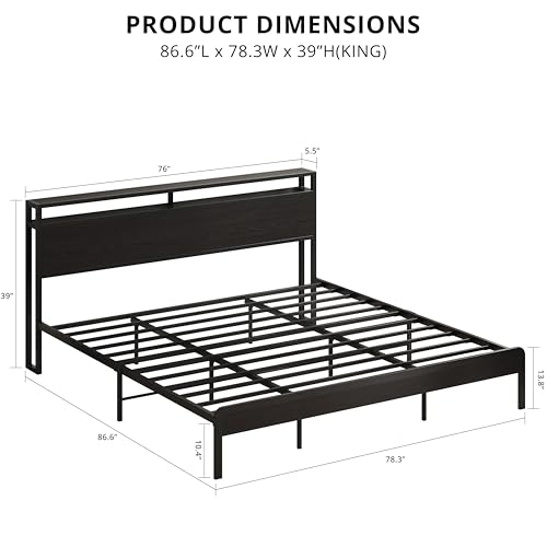 Image of LIKIMIO King Bed Frame with Headboard, Dark Wood Camas King with Strong Supports, Sturdy, Noise-Free, No Box Spring Needed, Classic Black