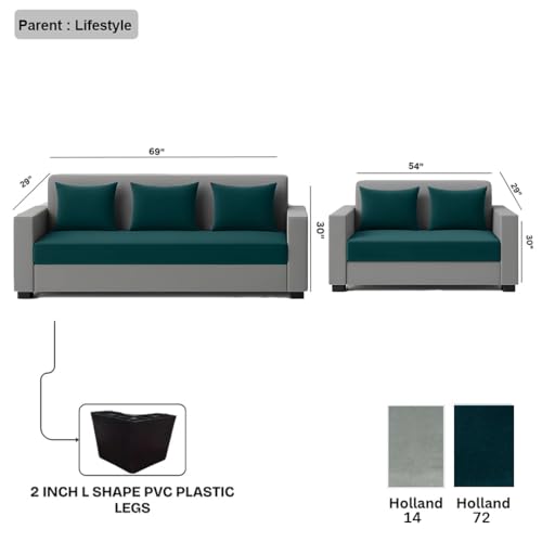 Image of FURNY Lexon 5 Seater Fabric 3+2 Sofa Set (Greenish Teal-Light Grey) Premium Velvet Finish | Durable & Comfortable | Ideal for Living Room