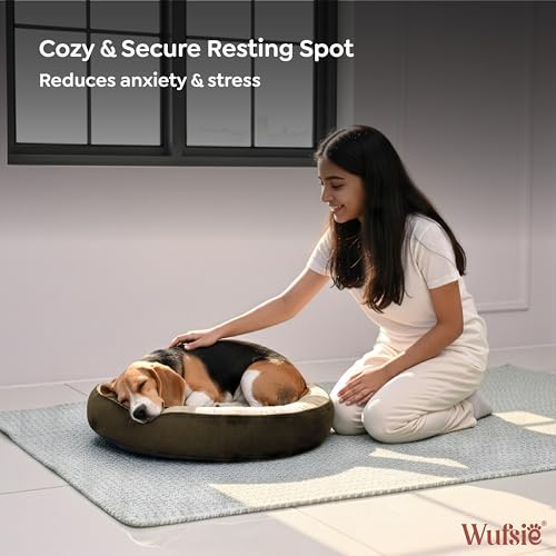 Image of Velvet Dog Bed in Round Shape | Medium 70 Cm | Premium Velvet Pet Bed for Cats and Puppies | Soft & Cozy Sleeping Bed for Dog with Removable Insert | Brown & Cream