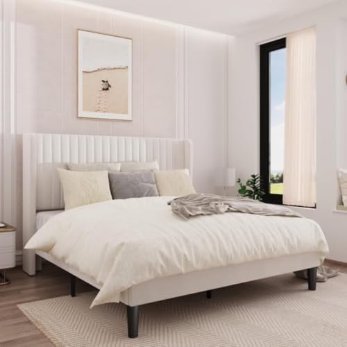 Image of HITHOS Frosted Solid Wood Modern Upholstered King Size Bed with Wingback Headboard | Wooden Double Bed Cot Palang Furture Without Storage (Cream)