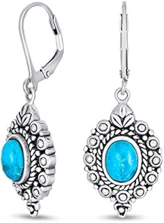 Western Style Oval Filigree Gemstone Blue Turquoise Lever Back Dangle Drop Earrings For Women Oxidized .925 Sterling Silver