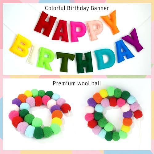 Image of Happy Birthday Banner Decoration Set - Includes Colorful Rainbow Felt Happy Birthday Sign, 3 Garlands, Hanging Spirals, Honeycomb Paper Balls for Baby Shower Party Decor and Kids Celebration