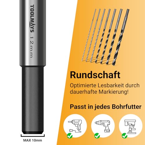 TOOLMAYS Holzbohrer Set 7tlg. HSS-G Bohrerset, Schlangenbohrer Ø 4mm, 5mm, 6mm, 7mm, 8mm, 10mm, 12mm x 230mm Lange Holzbohrer