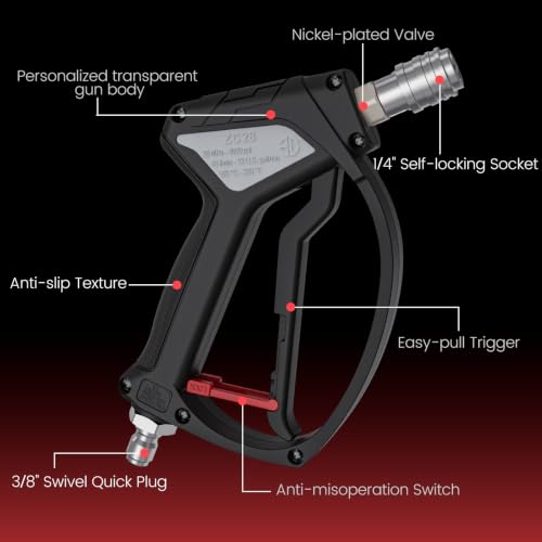 Image of Short Pressure Washer Gun, Swivel Power Washer Gun 4060 PSI, Stubby Pressure Washer Gun with 3 /8 inch Smooth & 1 /4 inch Quick Connector Coupler Compatible with Hose Foam Cannon Car Wash Foam Gun(Black Grey)