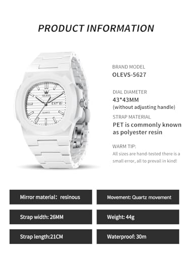Image of OLEVS Mens Watches Analog Quartz Unisex Watches Square Resinous 3ATM Waterproof Day Date Sport Fashion Dress Wrist Watch