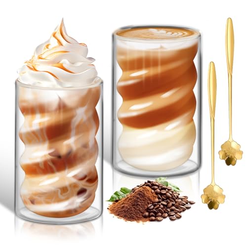 Tazas de Café de Cristal 400ml Set de 2 Vasos de Doble Pared Transparente Taza cristal cafe con 2 Cucharillas Tazas de Vidrio Borosilicato para Latte Macchiato