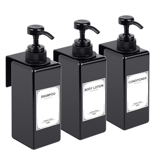 Glovios Dispensador Jabon Baño Pared Adhesivo Negro Dispensador de Gel y Champu Ducha 500ml Botellas de Bomba Recargables para Jabón Dispensador Jabon Baño Plastico, 3 Piezas