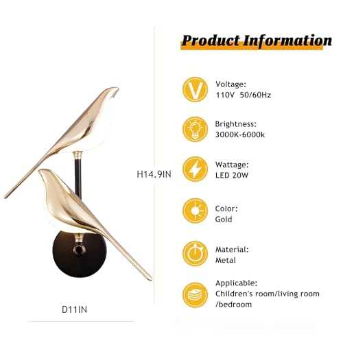 Image of Modern Birds Wall Lamp Gold Wall Sconces Creative Bird Shap Metal Lamp Body with Acrylic Lampshade with Adjustable Angle Bedside Night Light for Bedroom, Living Room, Kitchen (D11 * H14.9 inch (2 head))