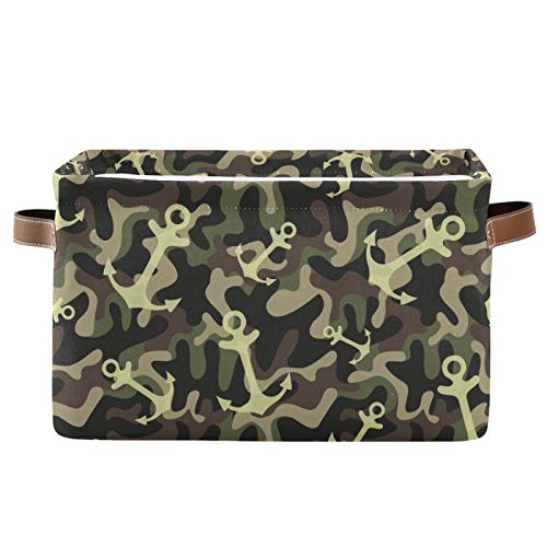 susiyo Large Foldable Storage Bin Anchor Camouflage Fabric Storage Baskets Collapsible Decorative Baskets Organizing Basket Bin with PU Handles for Shelves Home Closet Bedroom Living Room-1Pack
