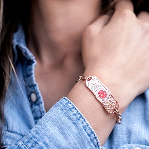 Divoti Custom Engraved Medical Alert Bracelets for Women | Signature Custom Medical ID Bracelet with Red Caduceus | 4-Line Personalized Emergency ID4