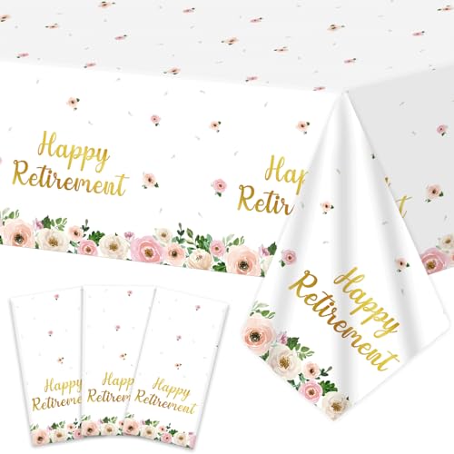 Image of 3Pcs Flower Retirement Tablecloths Happy Retirement Party Decorations White Peony Table Covers Pink Gold Floral Plastic Disposable Table Decor for Women Goodbye Going Away Party Supplies 54 x 108 Inch
