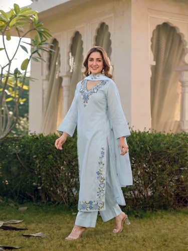 Image of ANNI Designer Kurta Sets for Women Viscose Blend Embroidered | Kurta Palazzo Dupatta Set | Designer Kurti Set for Women | V Neck Full Sleeve Ethnic Suit | Indian Kurta Outfit with Palazzo Pants