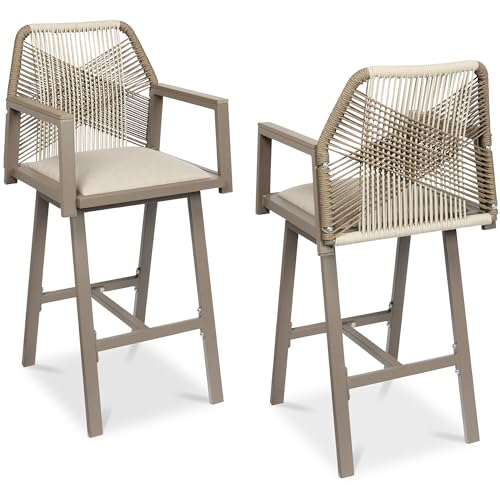 Best Choice Products Outdoor Bar Stools Set of 2, Bar Height, 360° Swivel Aluminum Frame, All-Weather Woven Rope Chair Design w/Armrests - Taupe/Sandstorm