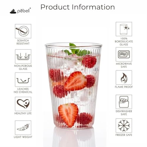 Image of PEBELLIFEWARE Ribbed Glass Coffee Mugs Set of 2 - 345ml Japanese Tumbler | Set of 2 Handblown Ribbed Borosilicate Glasses 345ml for Iced Coffee & Matcha, Heat Resistant, Microwave & Dishwasher Safe