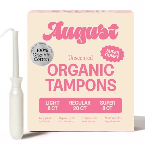 August Organic Tampons - Easy-Glide Long Applicators - Light Regular & Super - 36-Pack 100% Organic Cotton Tampons for Women Non-Toxic Fragrance-Free and Hypoallergenic