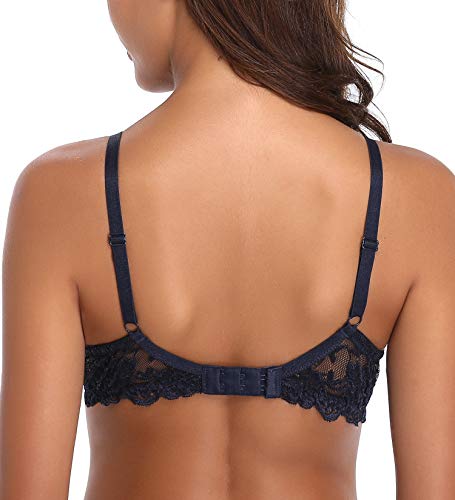 Deyllo Women’s Push Up Bra Lace Underwire Bra Plunge Comfort Lightly Padded(Blue,38DDD) - Image 3