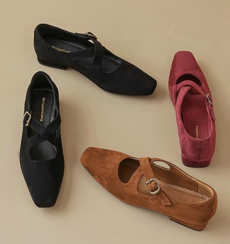 Suede Mary Jane Flats for Women Dressy Pointed Toe Ballet Flats Shoes Low Heel Buckle Strap Flat Shoes Comfortable Slip on Work Dress Shoes2