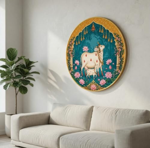 Image of SAF Sacred Cow Calf Wall Painting Round PVC Golden Frame Kamdhenu Spiritual Art Lotus Temple Design for Living Room Bedroom Office Home Wall Decor (23 x 23 Inch) GR-404