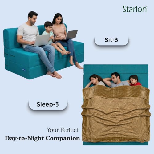 Image of Starlon 3 Seater Sofa Cum Bed Foldable 3-in-1 Sofa Bed with 1 Year Warranty, Washable Jute Fabric Cover & 2 Waves Pillows | Aqua Teal 6x6.5 Ft