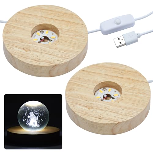 NEWCOMDIGI 2pcs LED Cold White Lights Base, Color Temperature 6000K,Round Wooden Lighted Base, USB Crystal Sphere Holder,Display Stand for 3D Crystal Glass Resin Art
