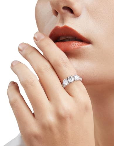 3 stone Moissanite Wedding Bands for Women,3.1CTTW Round cut D Color VVS1 promise anniversary Engagement Rings,18K White Gold Plated S925 Sterling Silver Valentine's Day Gift4
