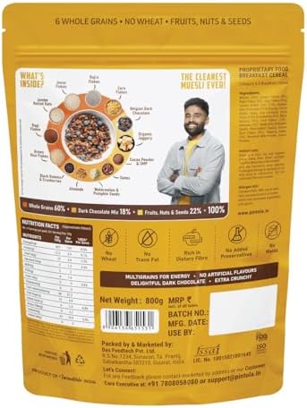 Pintola Dark Chocolate & Cranberry Muesli with 25% Millet & 60% Wholegrains 800g, Cereals for Breakfast with 6 Varied Nuts & Seeds, No Preservatives, High Protein Muesli, Fibre Rich, Cholesterol Free