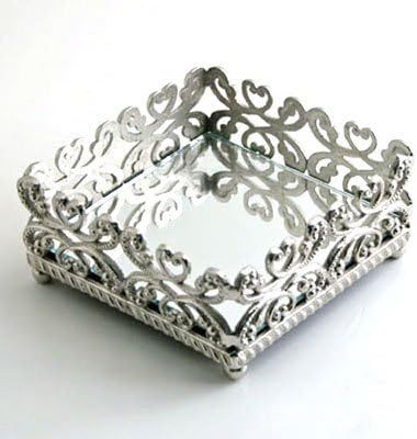 Nickel 5" x 5" Tissue Box Holder with Mirrored Base. Vanity Tray.