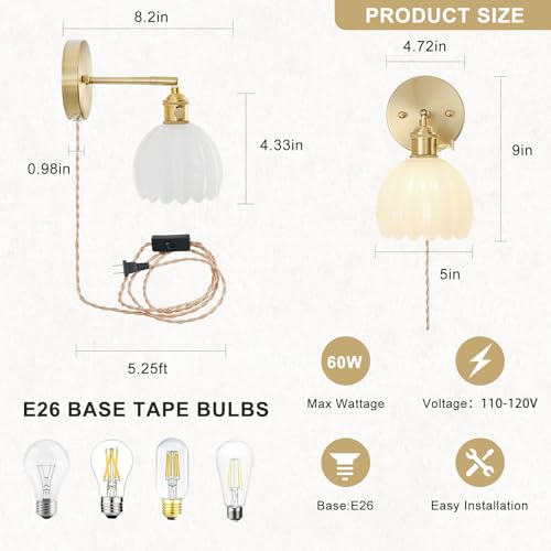Image of Plug in Wall Sconces Set of 2, Vintage Wall Sconce Light with Tulip Milk White Glass Lampshade, Bedroom Wall Sconce with Switch and Plug in wall lamp Cord, Gold Wall Light Wall Decor Set of 2