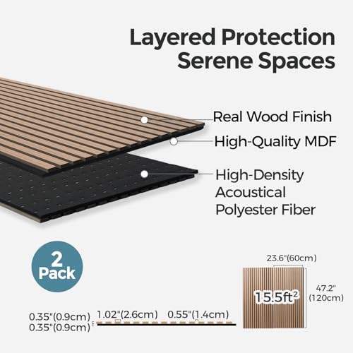Image of AKUMAX Extra-Thick 0.7 inch Wood Slat Acoustic Wall Panels, 2 Pack 47.2 inch x 23.6 inch, 15.5 ft, NRC 0.80 Sound Absorbing 3D Slat Wall Paneling with Real Wood Veneer, E0 MDF and PET Felt, Walnut