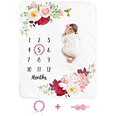 Baby Monthly Milestone Blanket Girl - Floral Newborn Month Blanket Personalized Shower Gift Soft Plush Fleece Photography Background Photo Prop Flower Blanket with Wreath Headband Large 51''x40'' Cover