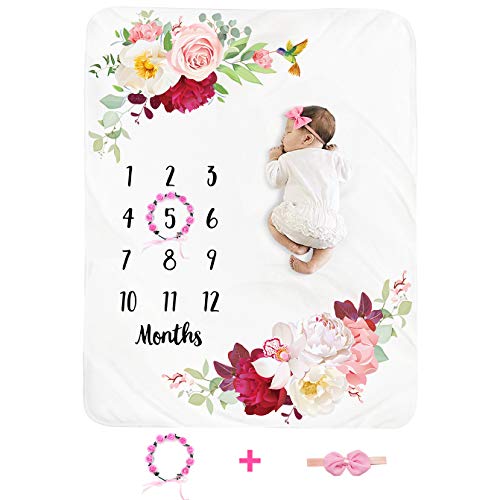 Image of Baby Monthly Milestone Blanket Girl - Floral Newborn Month Blanket Personalized Shower Gift Soft Plush Fleece Photography Background Photo Prop Flower Rug with Wreath Headband Large 51''x40''