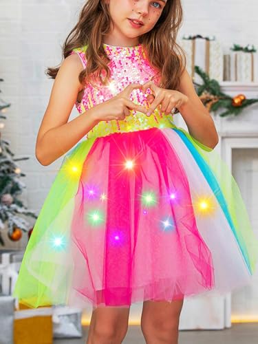 EVILD Girls Light Up Rainbow Tutu Dress Glow Sparkly Sleeveless Sequin Tulle Dresses Party Birthday Dress2
