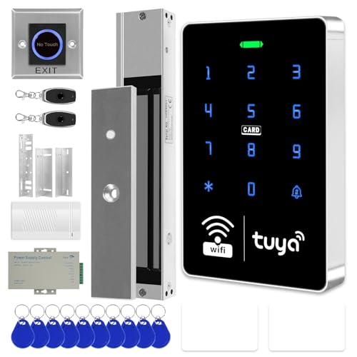 XYBkey WiFi TUYA Complete Security Access System Kit with Waterproof RFID Touch Keypad Door Lock Smart Remote Door Opener App600-Pound Electric Magnetic Lock + ZL Metal Sensor Switch Doorbel