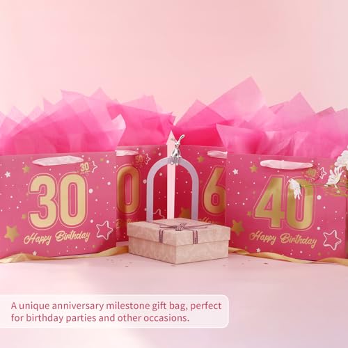Image of Powbrace 13 inch Pink 30th Birthday Gift Bag with Tissue Paper and Greeting Card for Party,Happy Birthday Gift Bag for Men Women,Gift Bags Medium size(1 Pink 30th)
